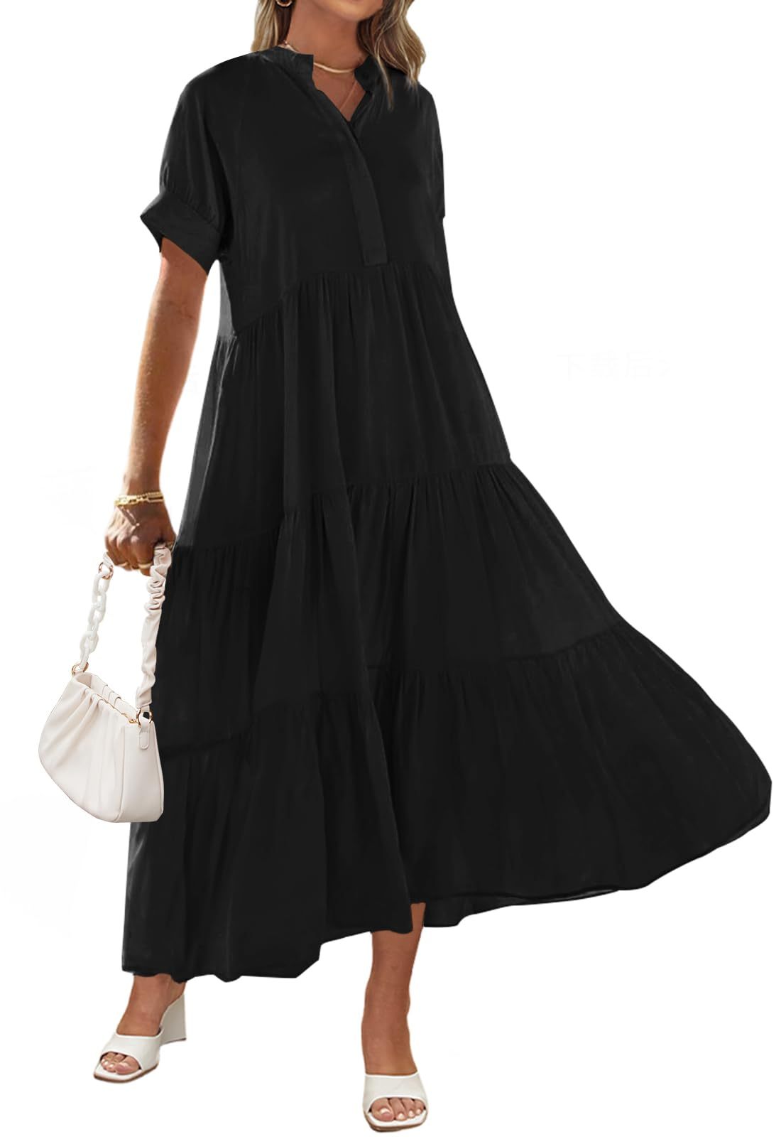 Women's Summer Button Down V Neck Ruffle Tiered Maxi Dresses