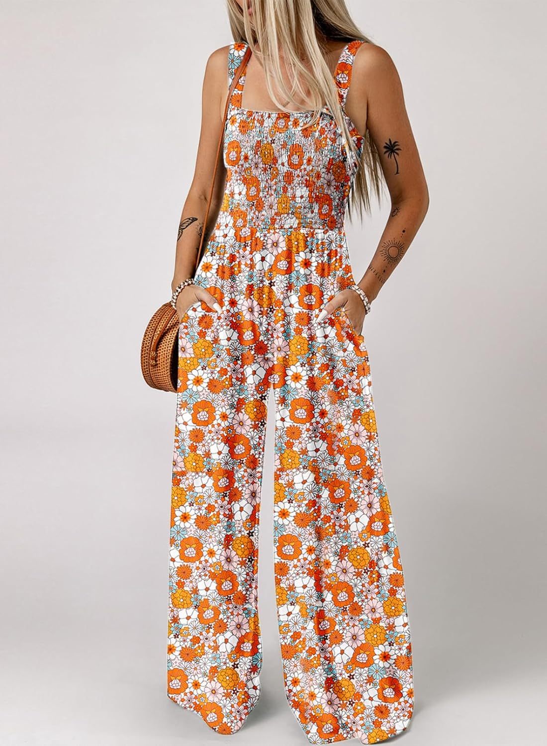 Womens Overalls Casual Floral Print Sleeveless Jumpsuit with Pockets