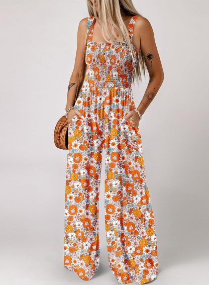 Womens Overalls Casual Floral Print Sleeveless Jumpsuit with Pockets
