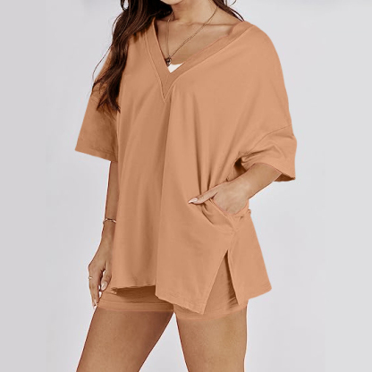 Oversized V Neck T Shirt Biker Shorts Reversible Tracksuit (Buy 2 Free Shipping)-Pink Laura