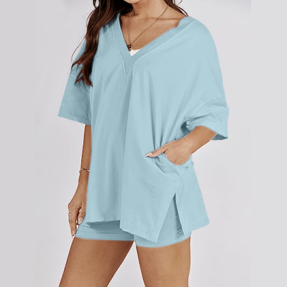 Oversized V Neck T Shirt Biker Shorts Reversible Tracksuit (Buy 2 Free Shipping)-Pink Laura