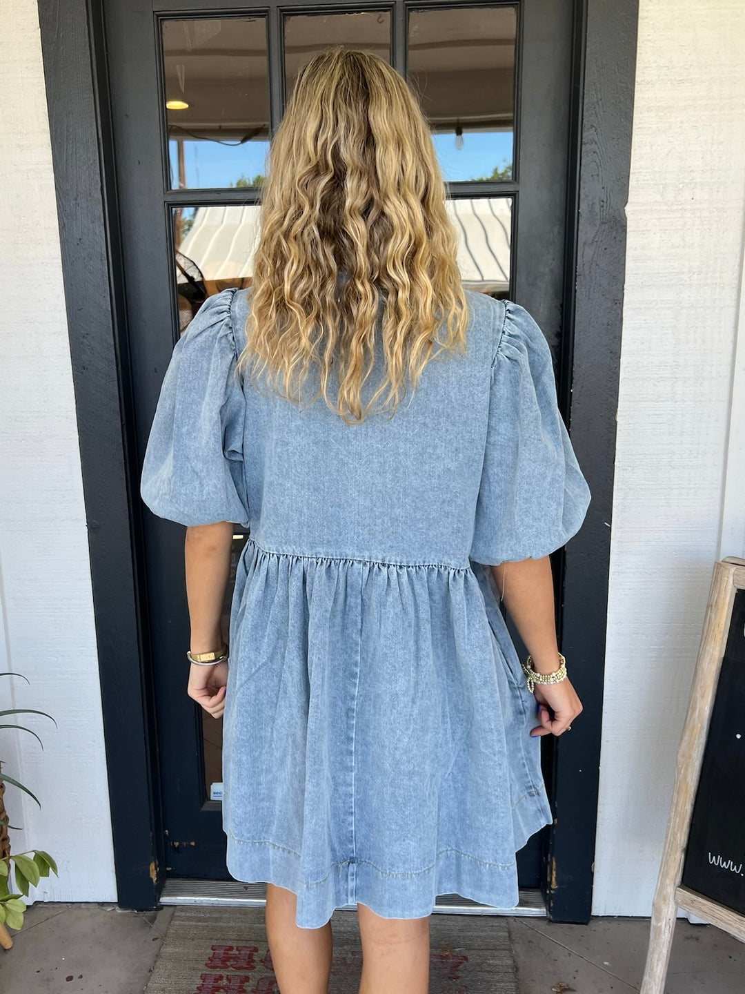Bow Tie Puff Sleeve Denim Dress(Buy 2 Free Shipping)