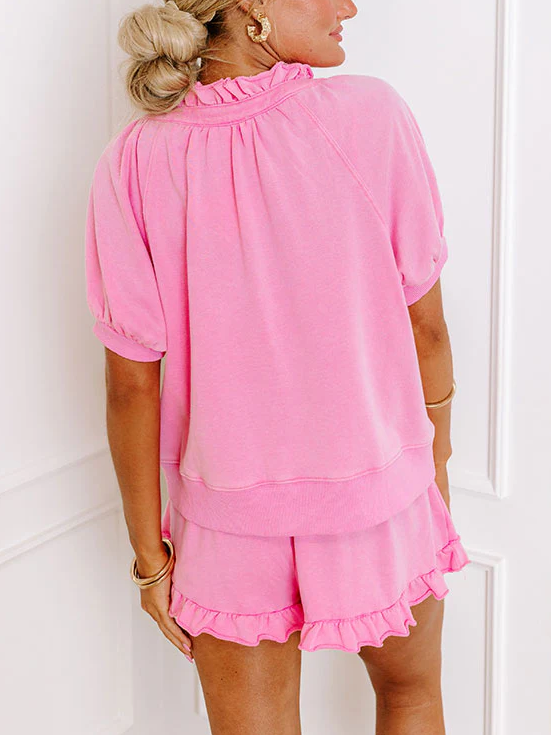 Women’s Puff Sleeve V-Neck Top and Ruffle Hem Skort Set