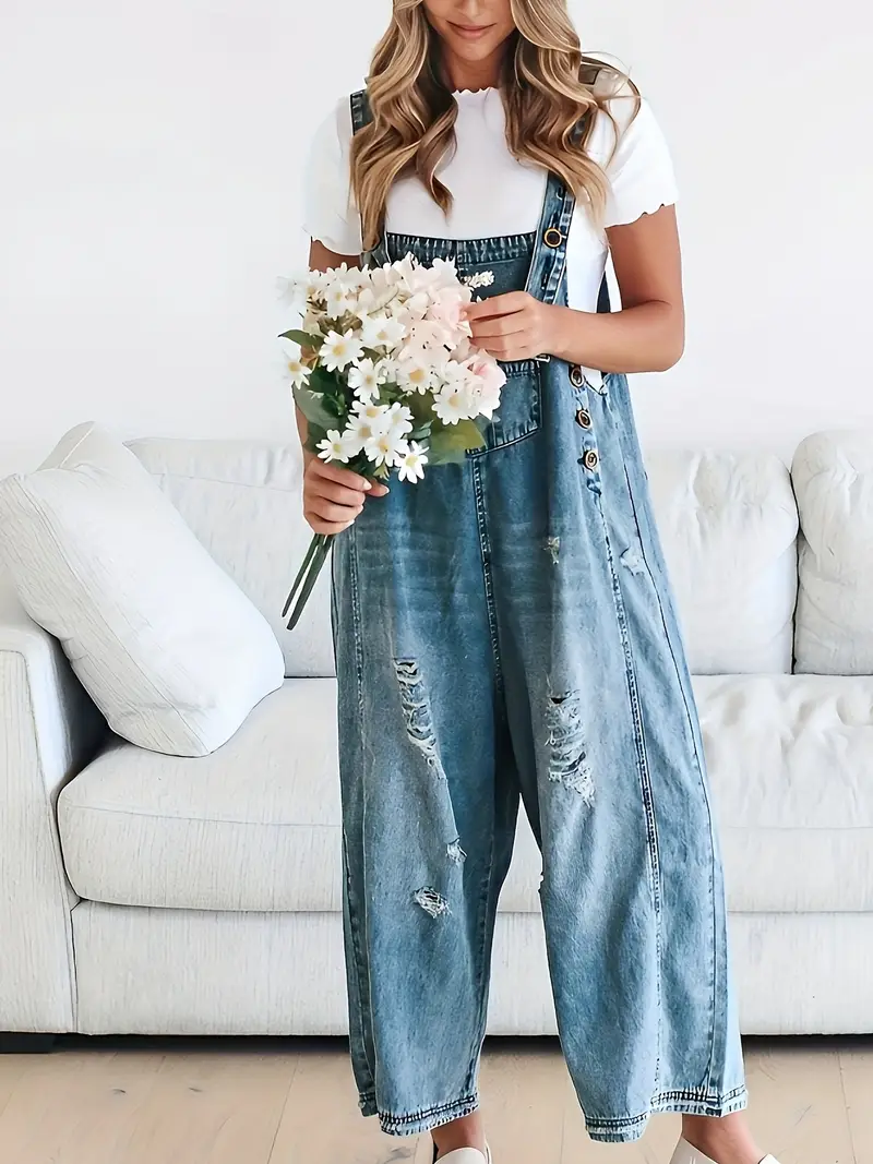 Women's Oversized Baggy Wide Leg Ripped Denim Overalls