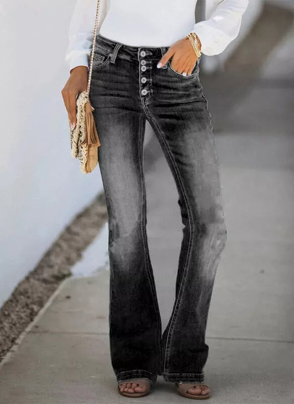 90s Vintage Button Fly Knee Distressed Flare Leg Jeans-Pink Laura