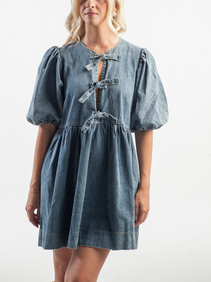 Bow Tie Puff Sleeve Denim Dress(Buy 2 Free Shipping)
