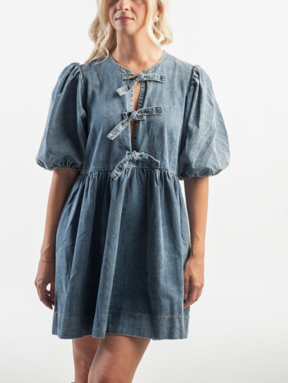 Bow Tie Puff Sleeve Denim Dress(Buy 2 Free Shipping)