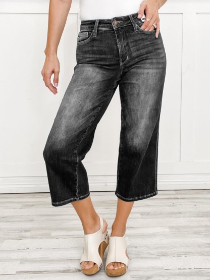 Mid-Rise Tummy Control Crop Wide Leg Denim Jeans