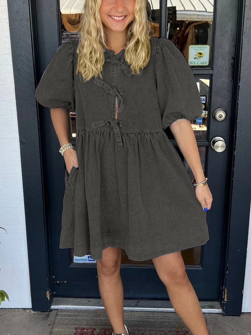 Women's Bow Tie Front Puff Sleeve Denim Dress