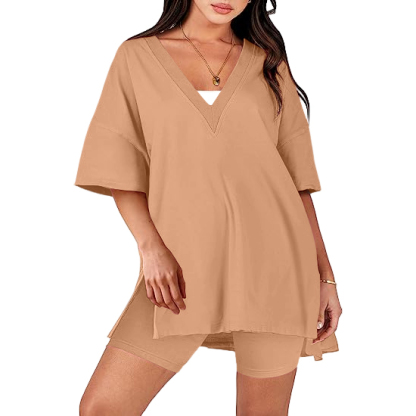 Oversized V Neck T Shirt Biker Shorts Reversible Tracksuit (Buy 2 Free Shipping)-Pink Laura