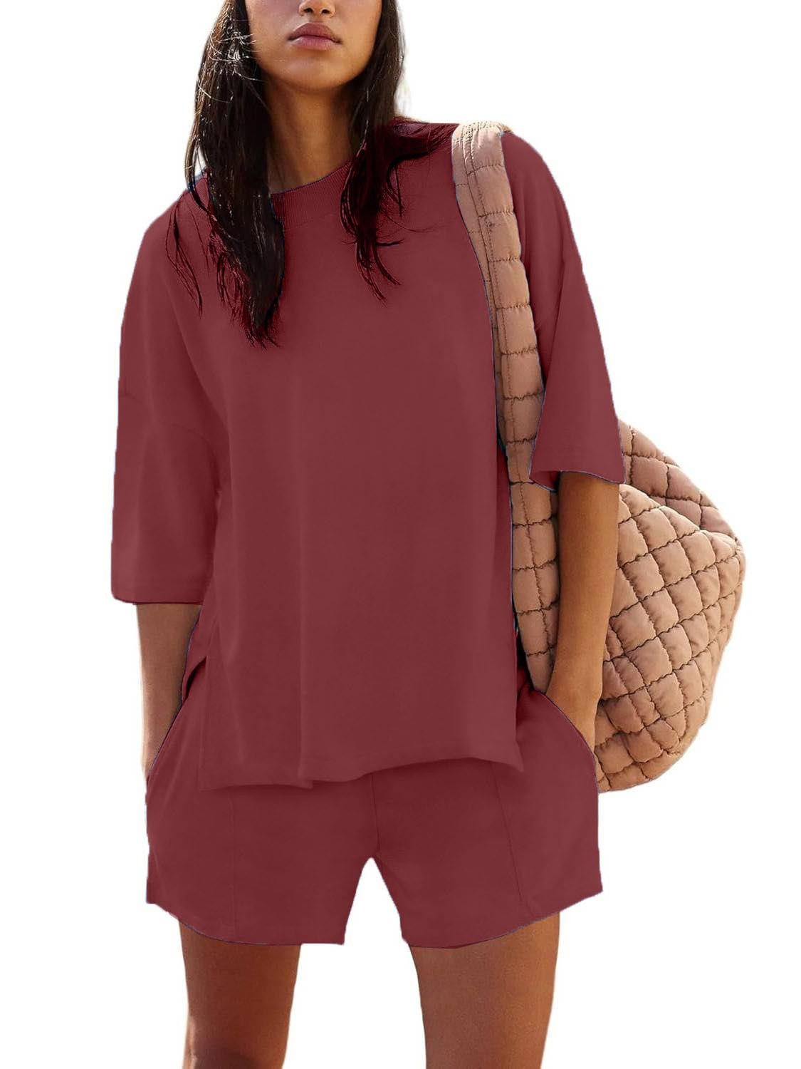 Women's Casual Solid Color Suit with Slit Top and Shorts (Buy 2 Free Shipping)