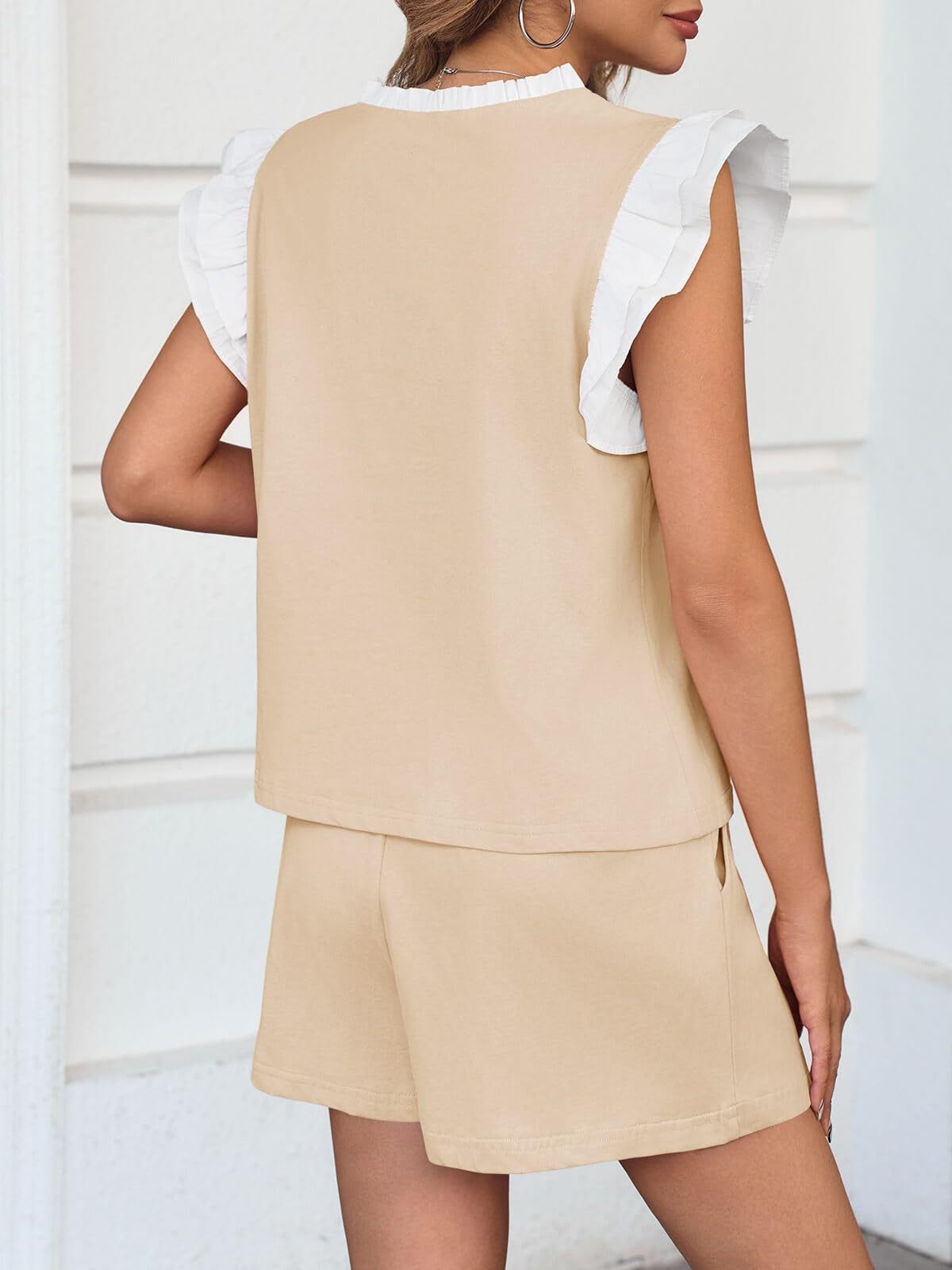 Womens V Neck Ruffle Cap Sleeve Tops and Shorts Lounge Sets(Buy 2 Free Shipping)