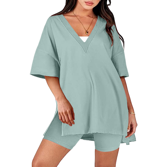Oversized V Neck T Shirt Biker Shorts Reversible Tracksuit (Buy 2 Free Shipping)-Pink Laura