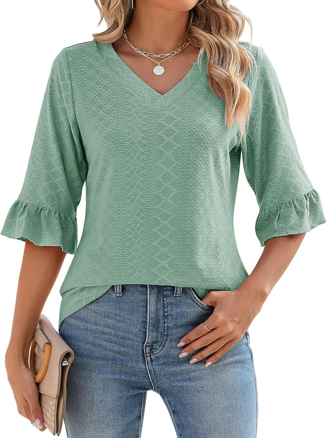 Womens 3/4 Length Sleeve V-Neck Eyelet Casual Ruffle Sleeve Tunic Blouses
