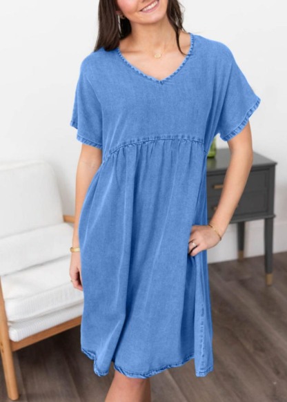 Women‘s Denim V-Neck Short Sleeve Dress