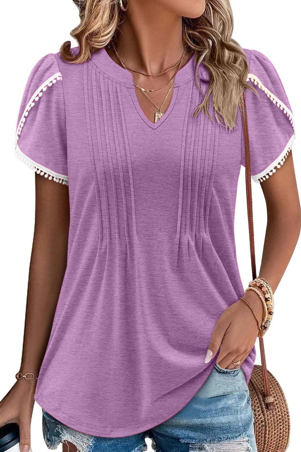 Women's Cute Fringe Cuff Casual Short Sleeve Printed Tops