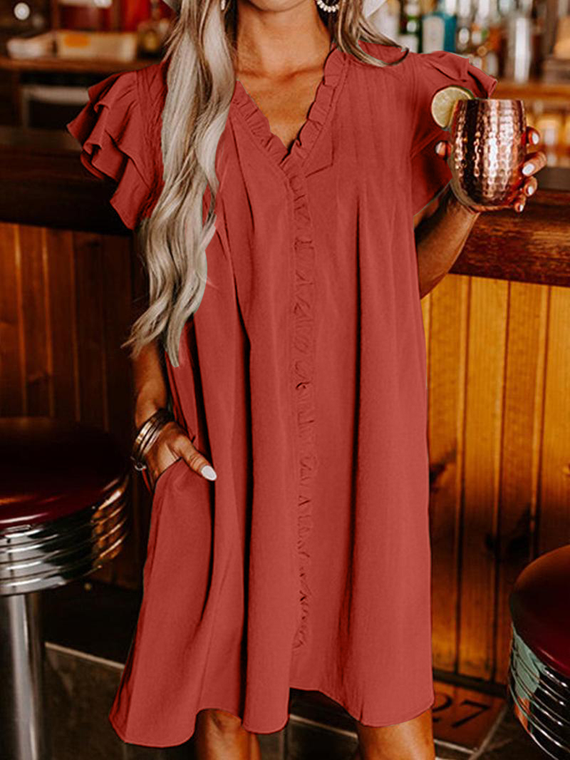 Women's Solid Color V-Neck Ruffle Dress
