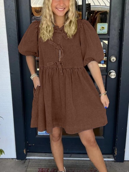 Women's Bow Tie Front Puff Sleeve Denim Dress