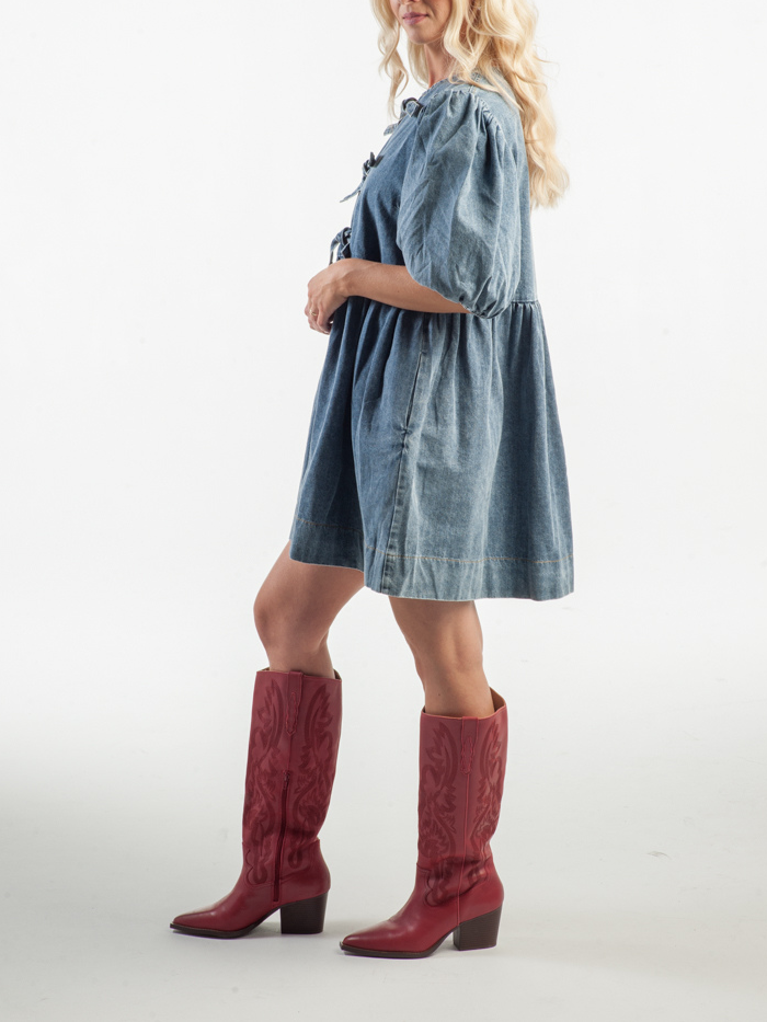 Bow Tie Puff Sleeve Denim Dress(Buy 2 Free Shipping)