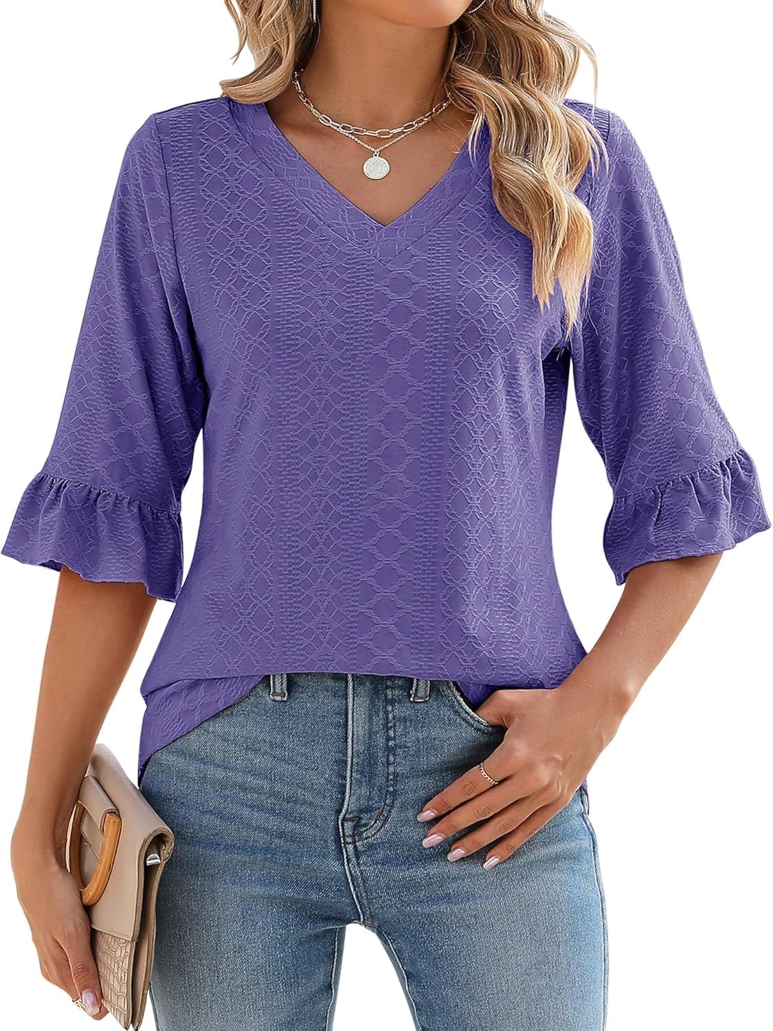 Womens 3/4 Length Sleeve V-Neck Eyelet Casual Ruffle Sleeve Tunic Blouses
