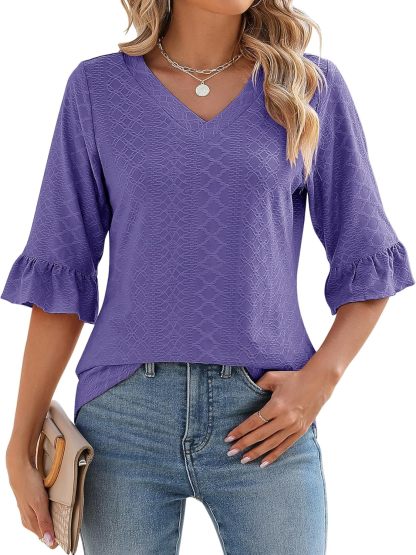 Womens 3/4 Length Sleeve V-Neck Eyelet Casual Ruffle Sleeve Tunic Blouses