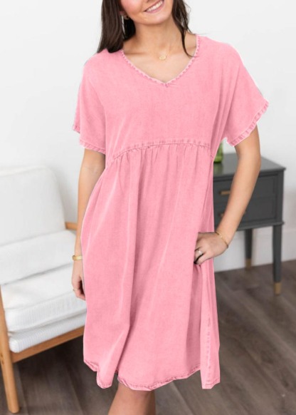 Women‘s Denim V-Neck Short Sleeve Dress