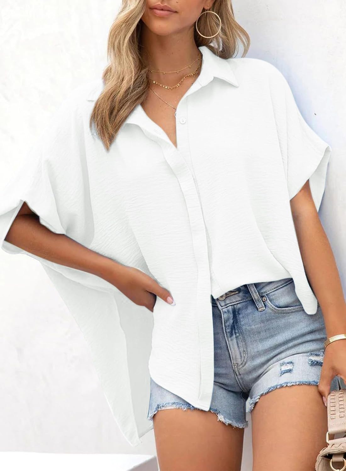 Women's  V Neck Button Down Solid Short Sleeve Blouses (Buy 3 Free Shipping)