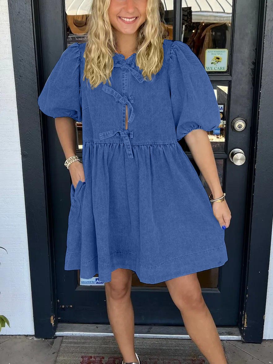 Women's Bow Tie Front Puff Sleeve Denim Dress