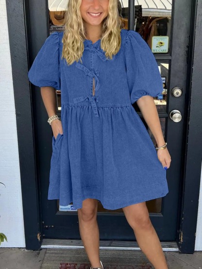 Women's Bow Tie Front Puff Sleeve Denim Dress