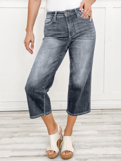 Mid-Rise Tummy Control Crop Wide Leg Denim Jeans