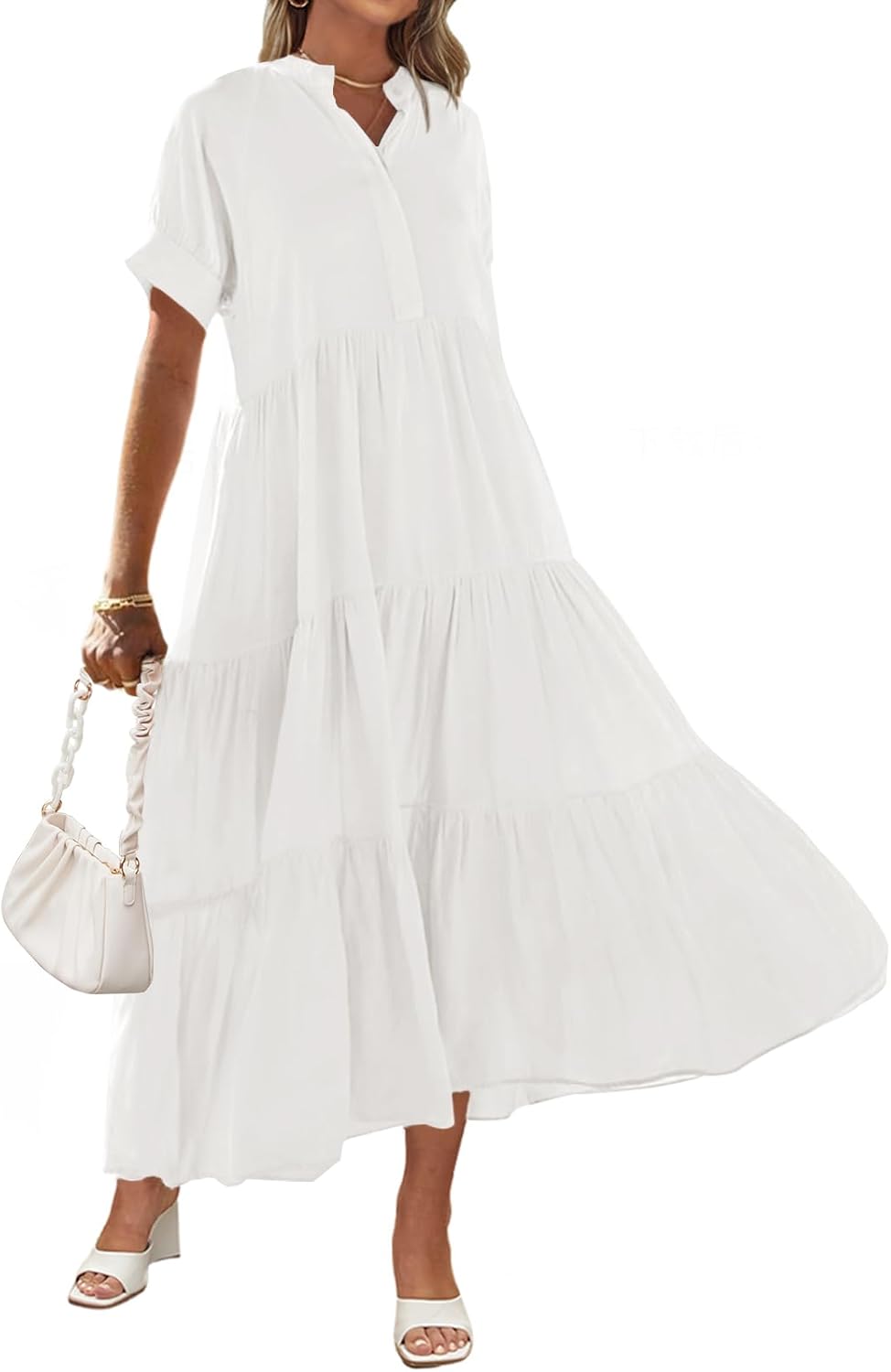 Women's Summer Button Down V Neck Ruffle Tiered Maxi Dresses