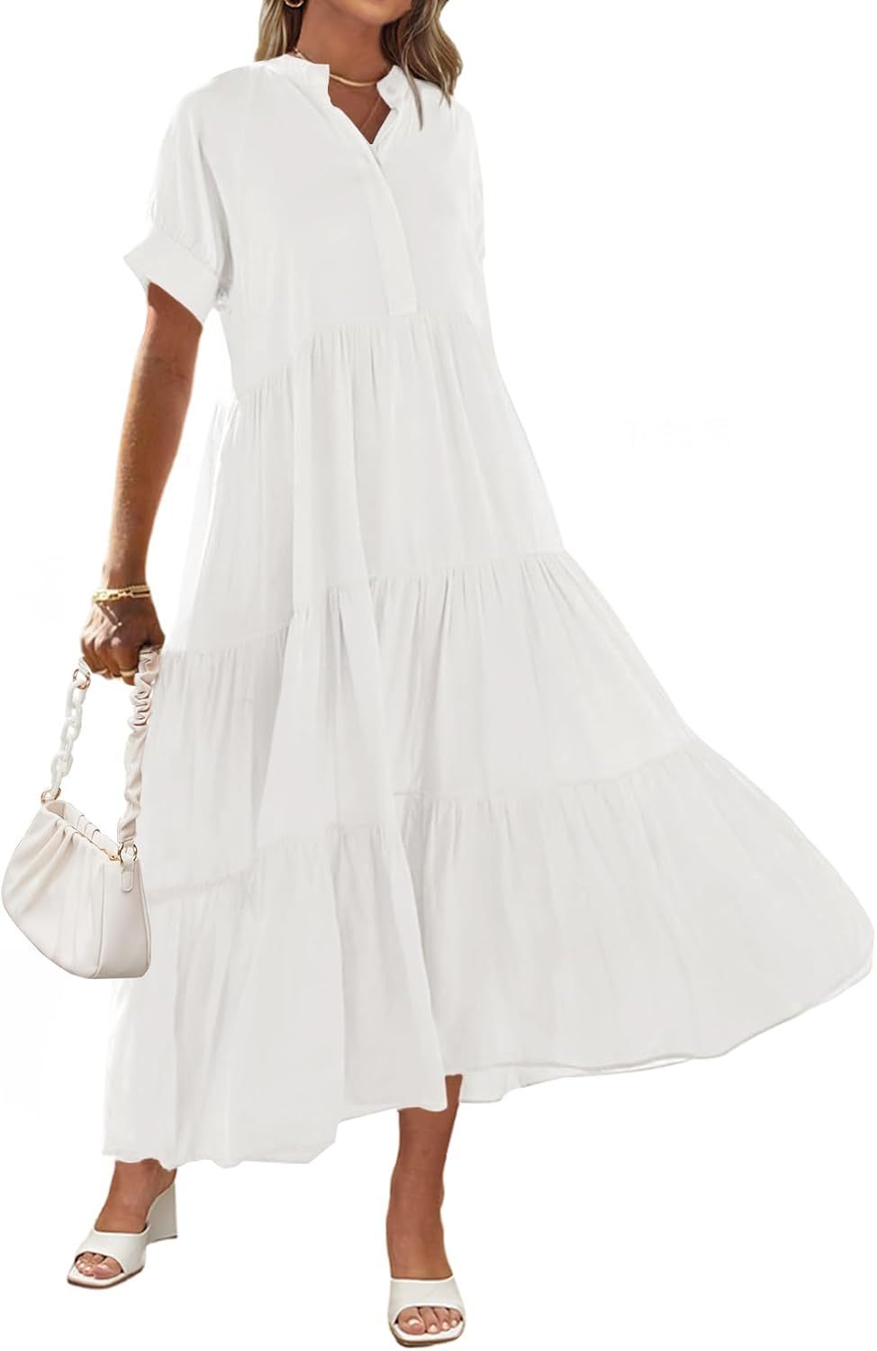 Women Short Sleeve Summer Dress Button Down V Neck Ruffle Tiered Maxi