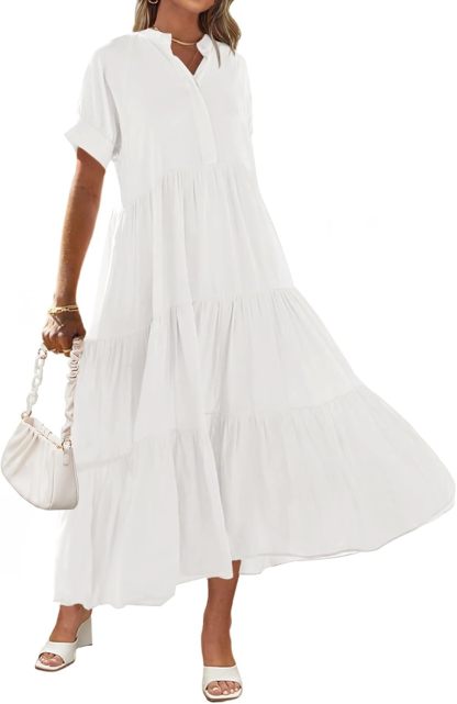 Women's Summer Button Down V Neck Ruffle Tiered Maxi Dresses