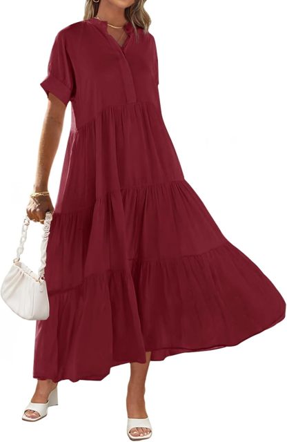Women's Summer Button Down V Neck Ruffle Tiered Maxi Dresses
