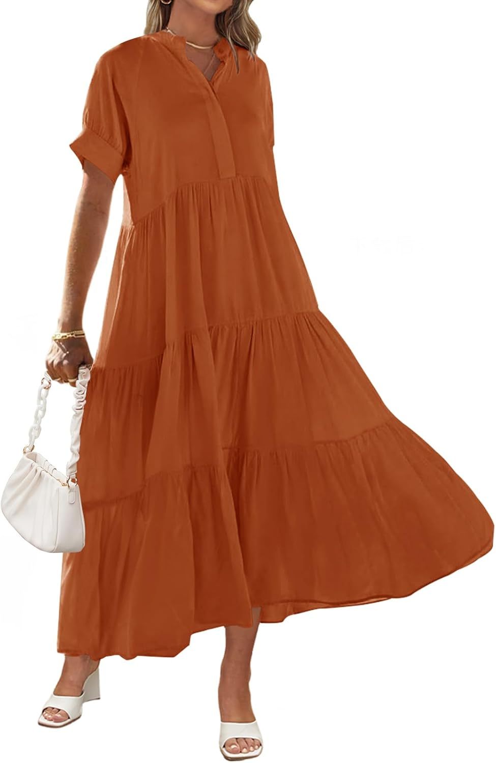 Women's Summer Button Down V Neck Ruffle Tiered Maxi Dresses
