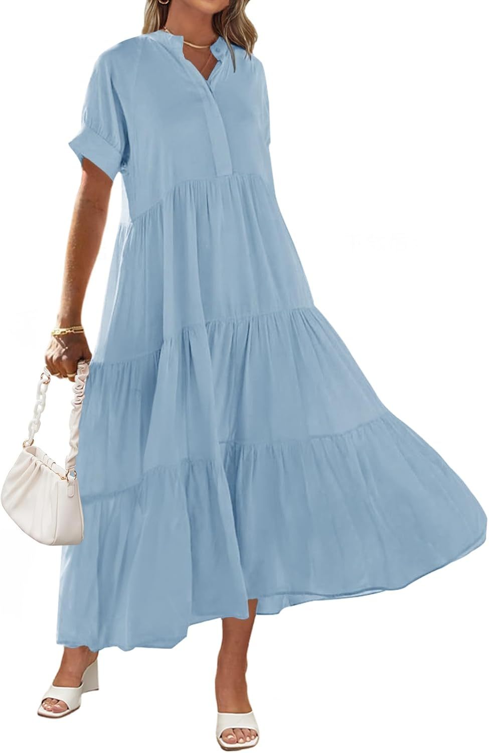 Women's Summer Button Down V Neck Ruffle Tiered Maxi Dresses