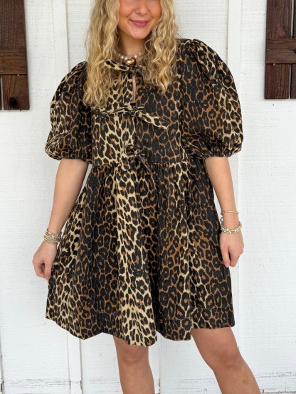 Bow Tie Puff Sleeve Denim Dress(Buy 2 Free Shipping)