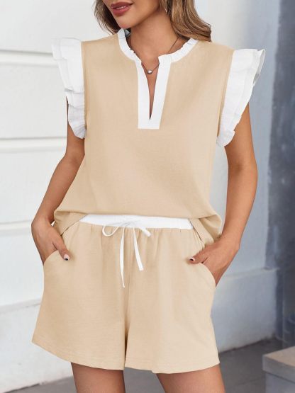 Womens V Neck Ruffle Cap Sleeve Tops and Shorts Lounge Sets(Buy 2 Free Shipping)