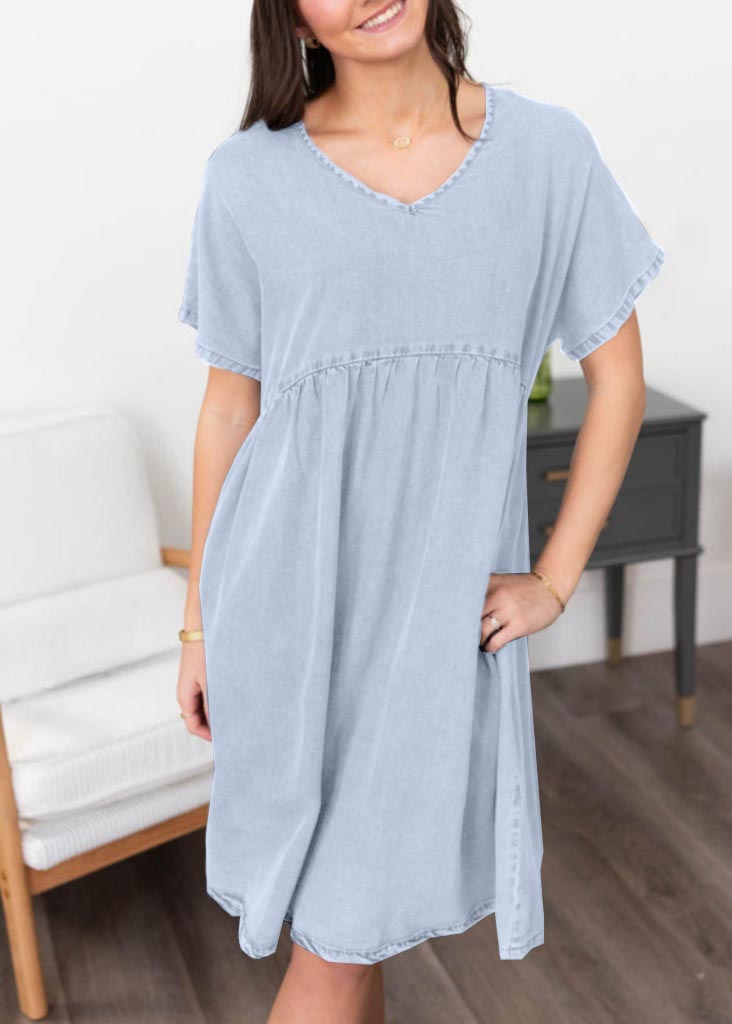 Women‘s Denim V-Neck Short Sleeve Dress