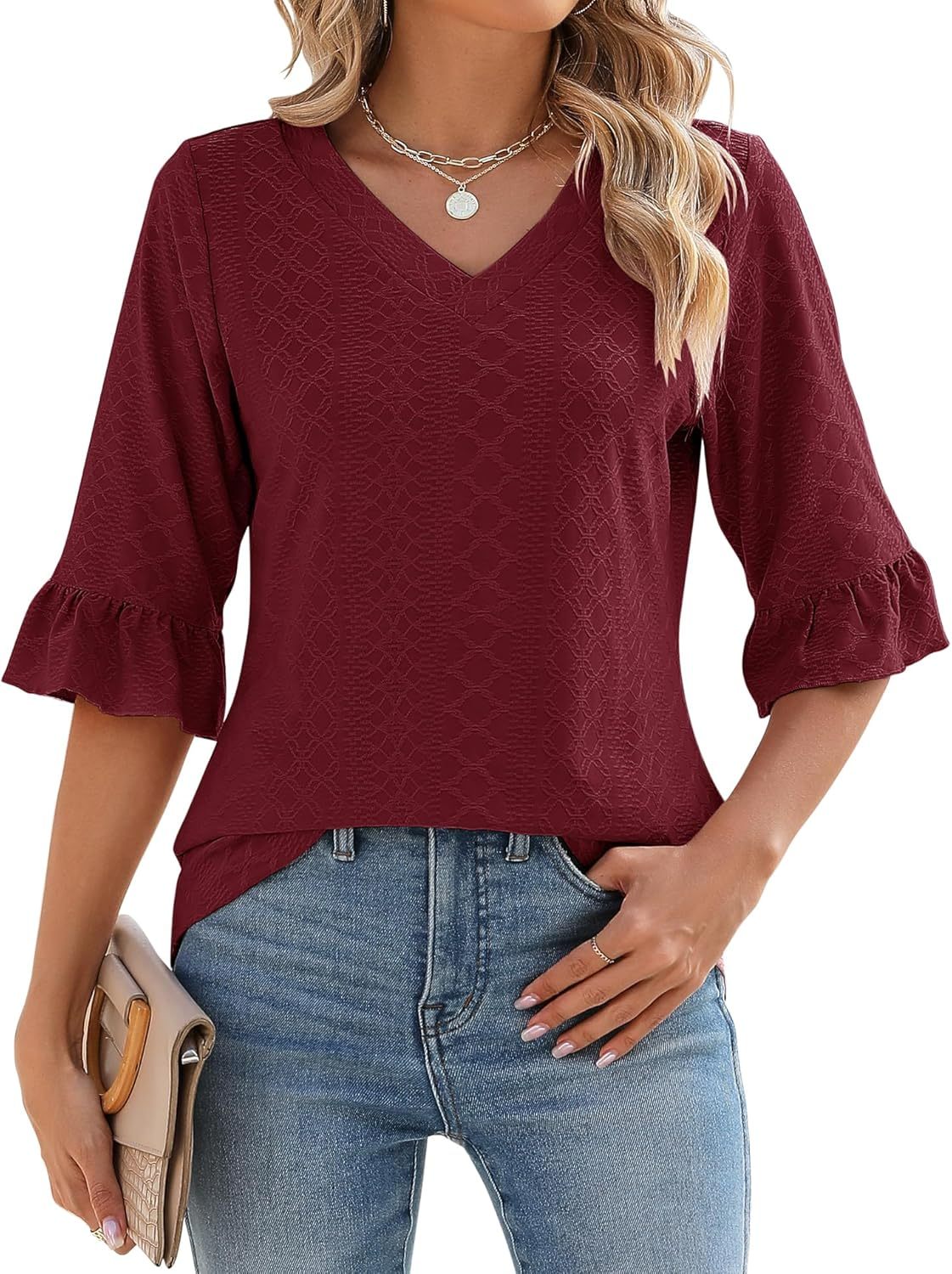 Womens 3/4 Length Sleeve V-Neck Eyelet Casual Ruffle Sleeve Tunic Blouses