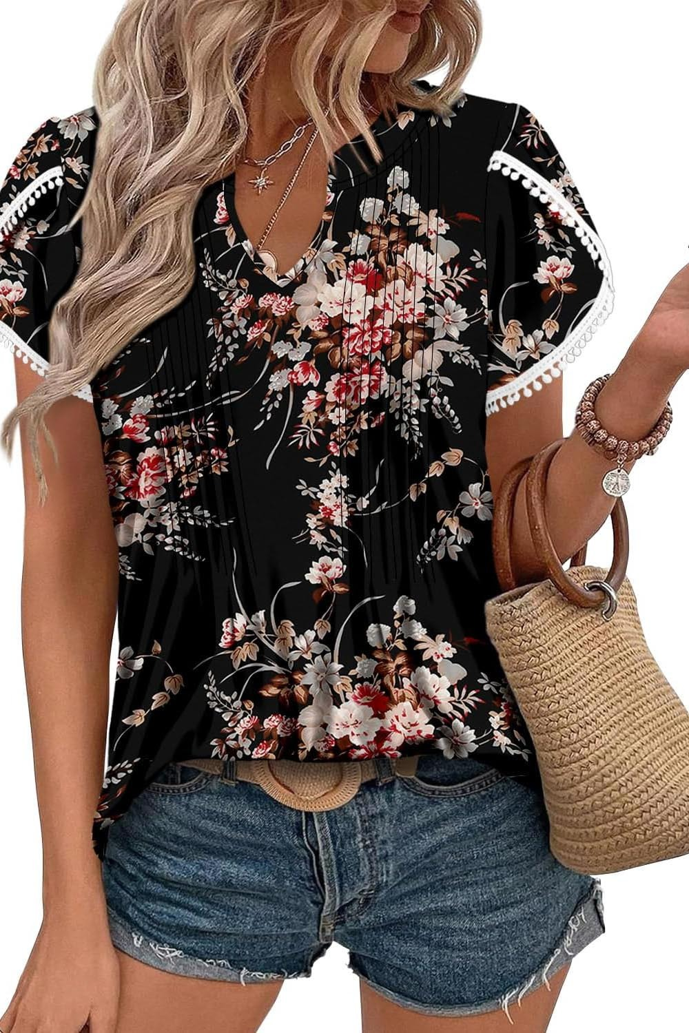 Women's Cute Fringe Cuff Casual Short Sleeve Printed Tops