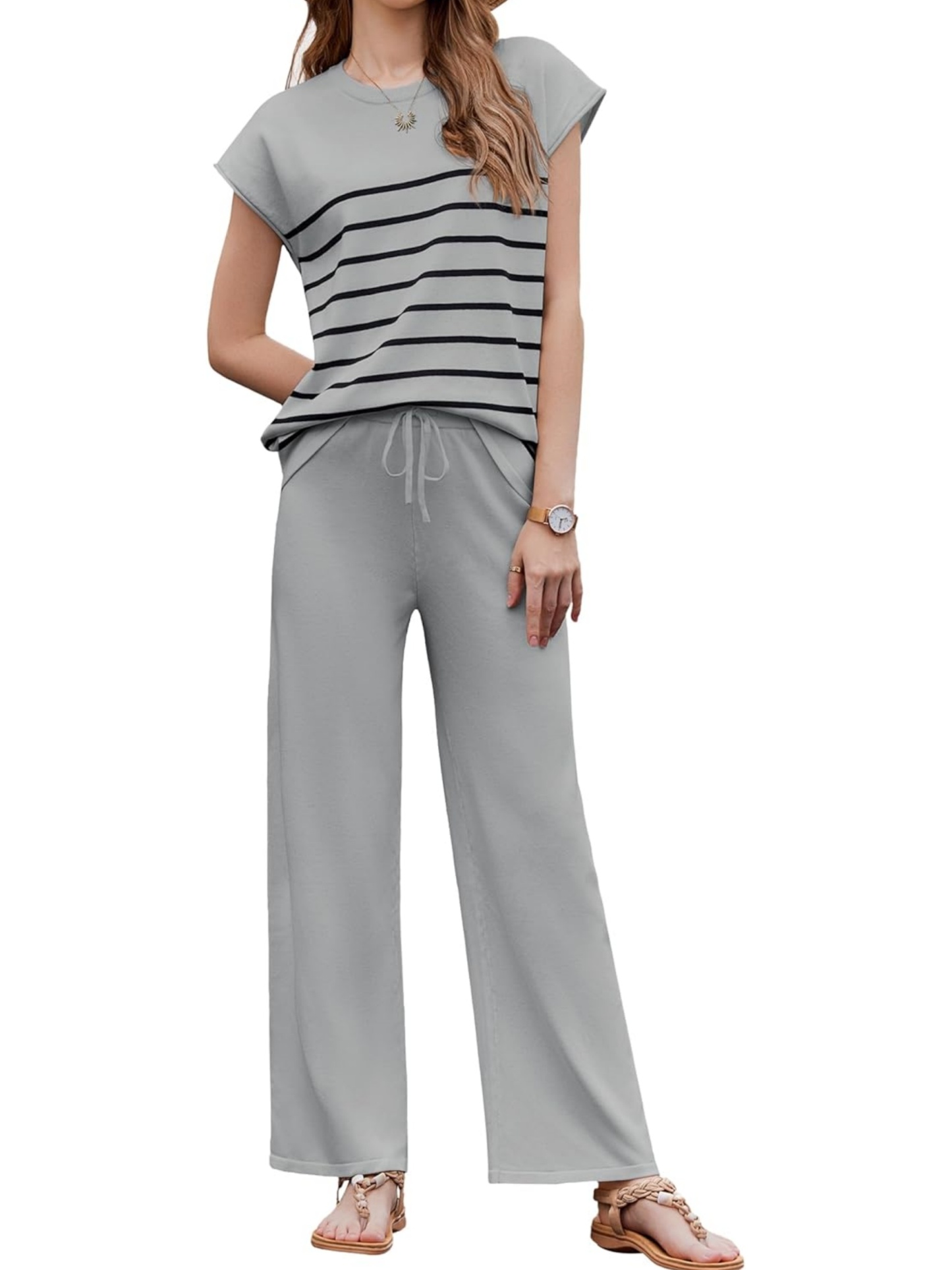 Women's Striped Knit Top Drawstring Wide Leg Pants 2-Piece Set