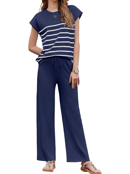 Women's Striped Knit Top Drawstring Wide Leg Pants 2-Piece Set