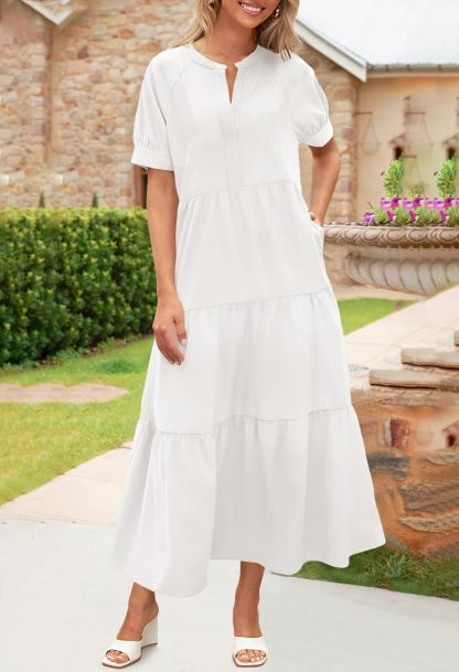 Women's Summer Button Down V Neck Ruffle Tiered Maxi Dresses