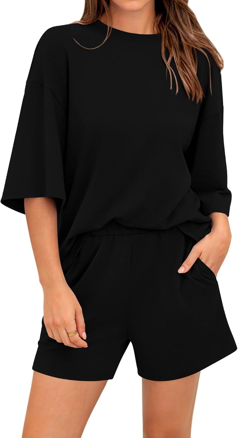 Women’s 2 Piece Outfits 3/4 Sleeve Tops and Elastic Waist Shorts Lounge Sets