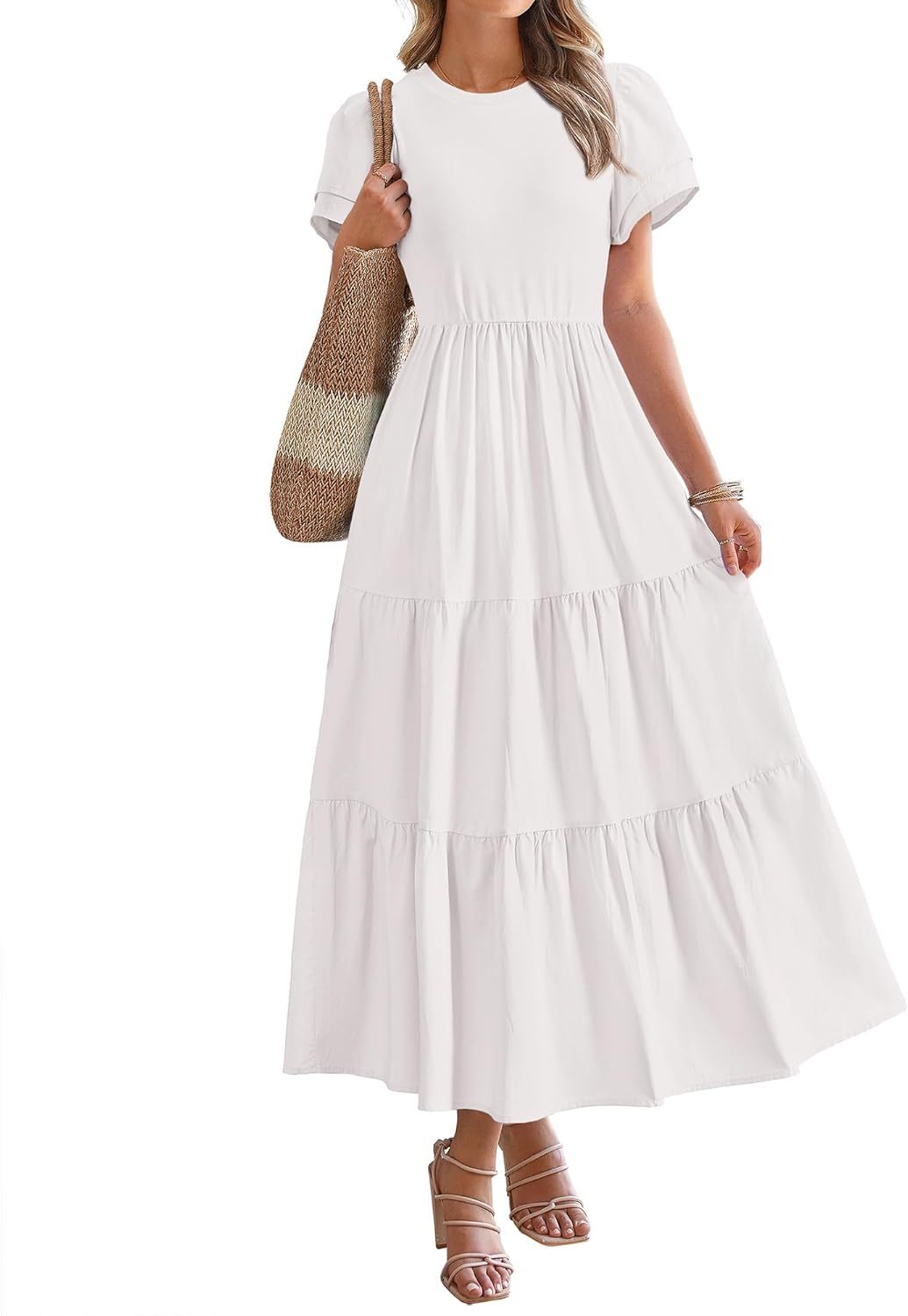 2025 Crewneck Short Sleeve Tiered Flowy Boho Maxi Dress (Buy 2 Free Shipping)
