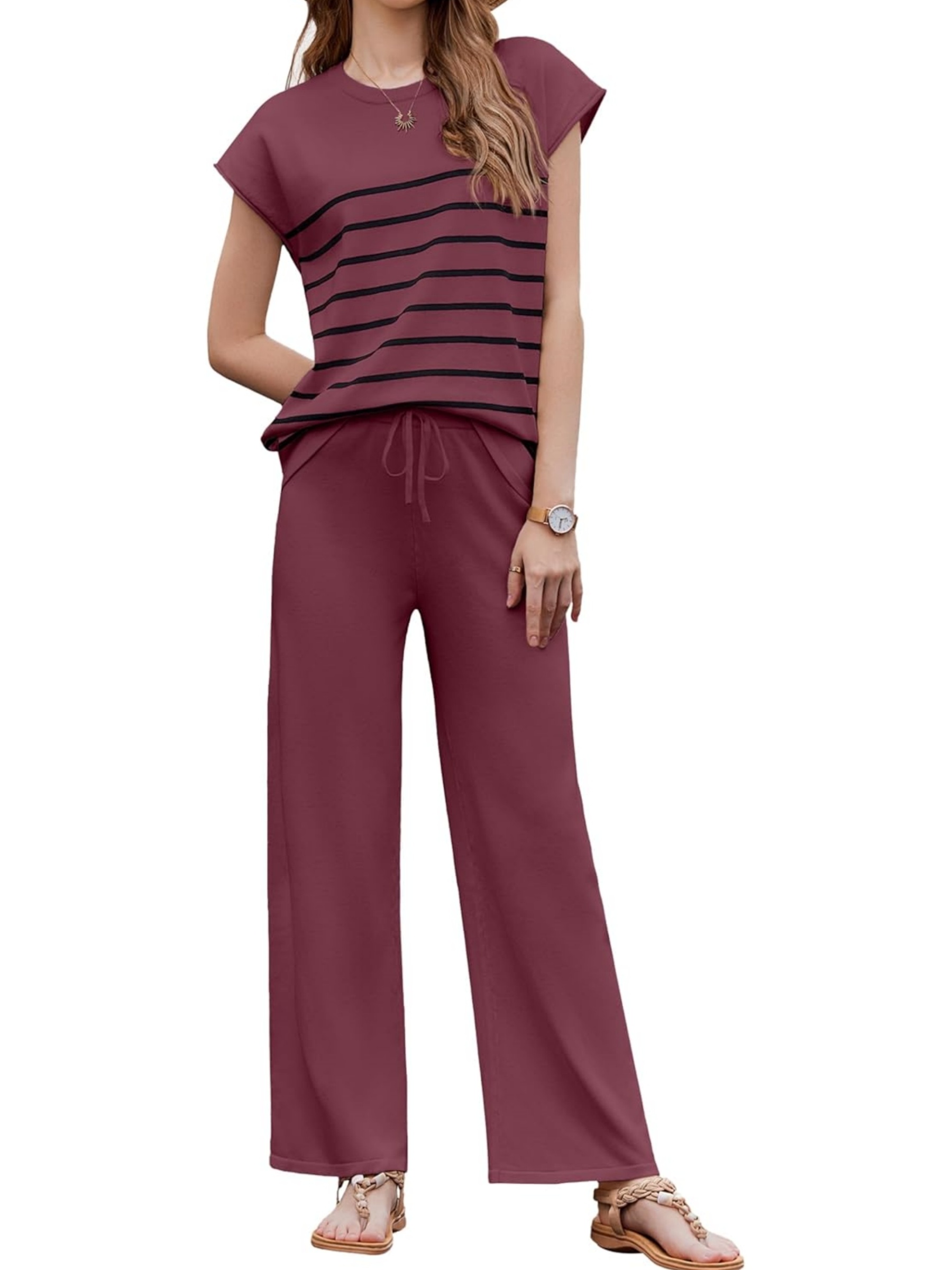 Women's Striped Knit Top Drawstring Wide Leg Pants 2-Piece Set