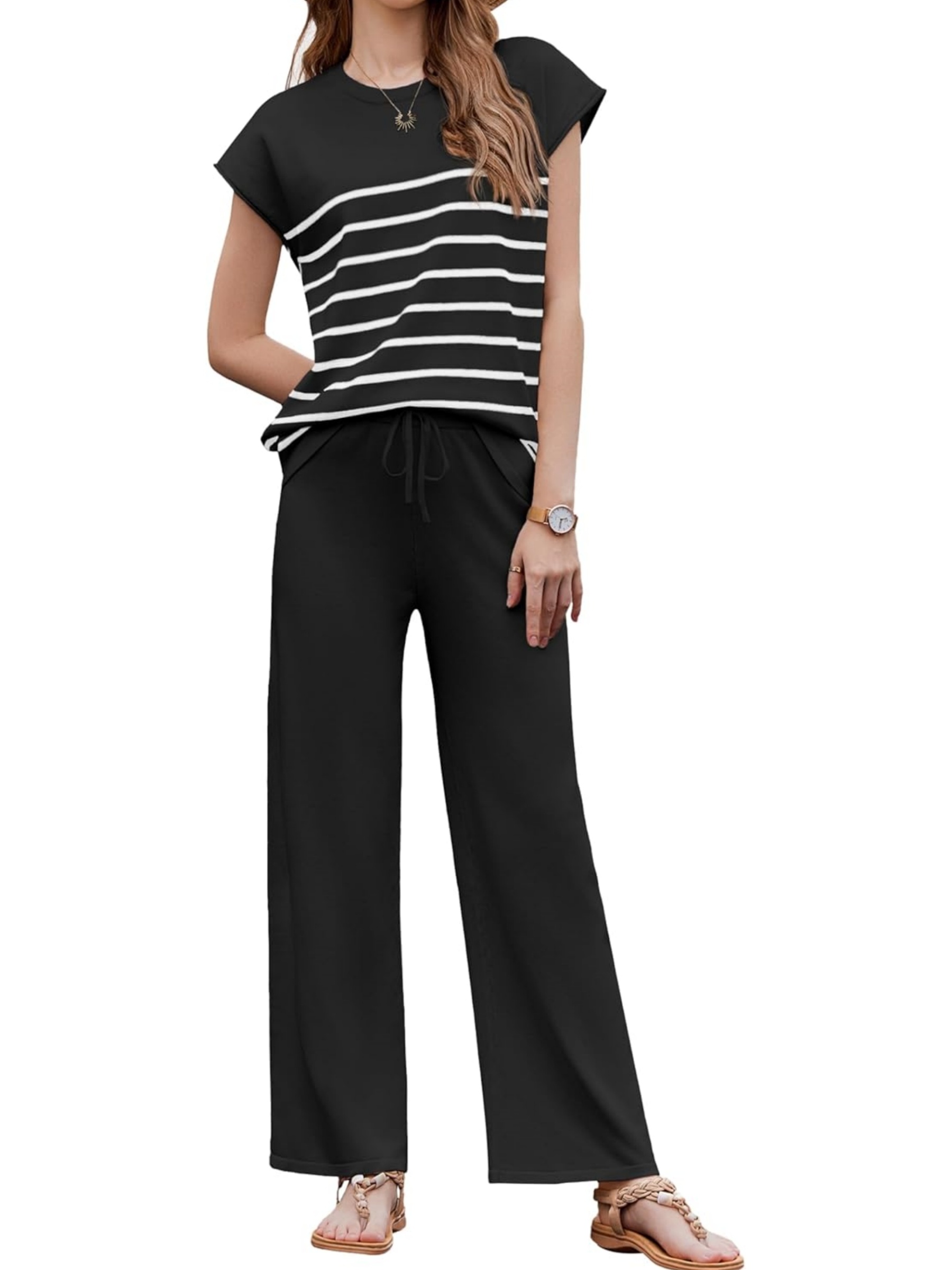 Women's Striped Knit Top Drawstring Wide Leg Pants 2-Piece Set
