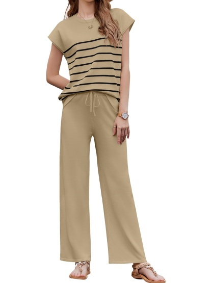 Women's Striped Knit Top Drawstring Wide Leg Pants 2-Piece Set