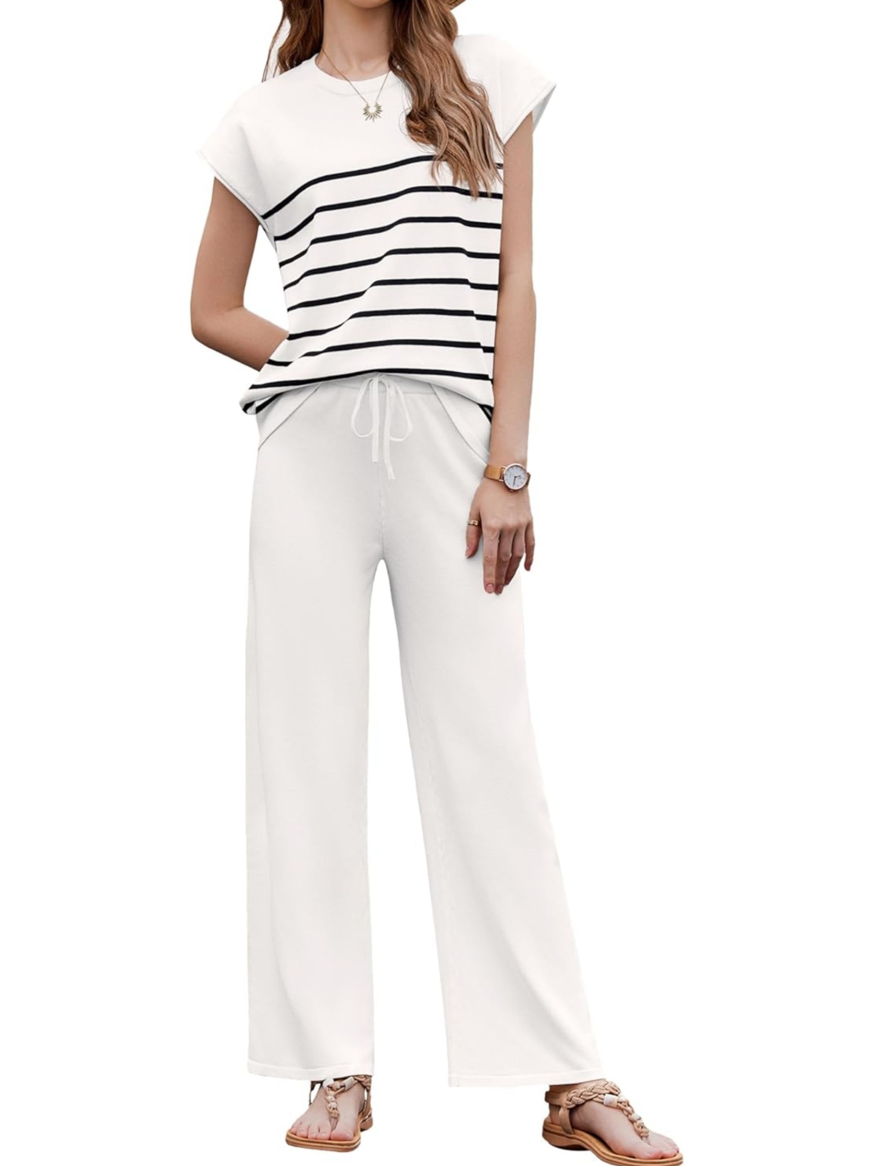 Women's Striped Knit Top Drawstring Wide Leg Pants 2-Piece Set